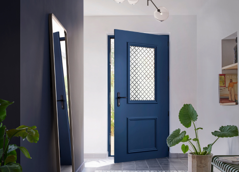porte d'entrée en acier bleue avec une vitrage style traditionnel dans une maison au style contemporain