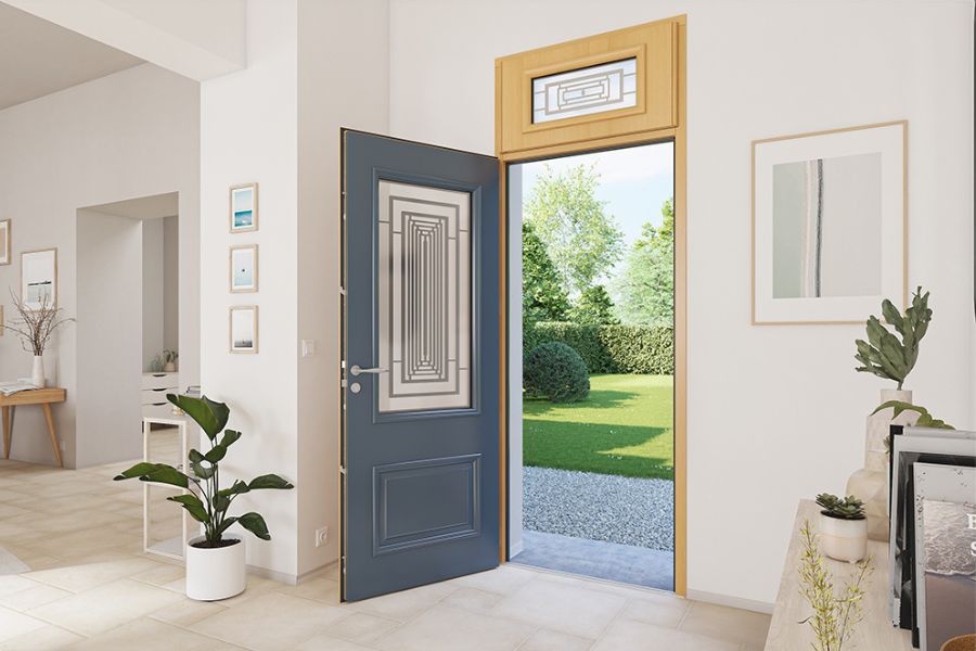 porte d'entrée mixte aluminium à l'extérieur et bois à l'intérieur de style classique avec un vitrage