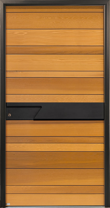 porte d'entrée en bois design nativ 11 fusion zilten couleur miel avec barre de tirage horizontale