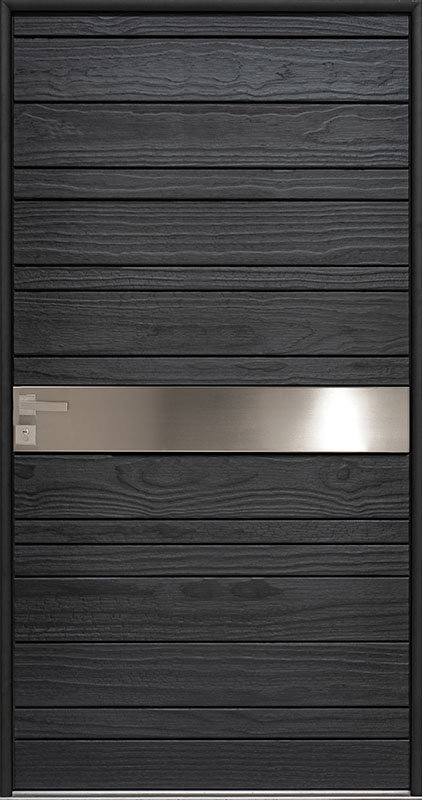 porte d'entrée moderne en bois avec bandeau inox horizontal