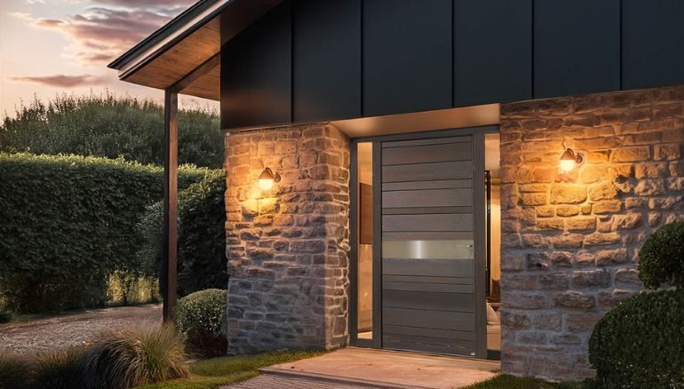 maison contemporaine avec des murs en pierre avec une porte d'entrée moderne en bois nativ zilten