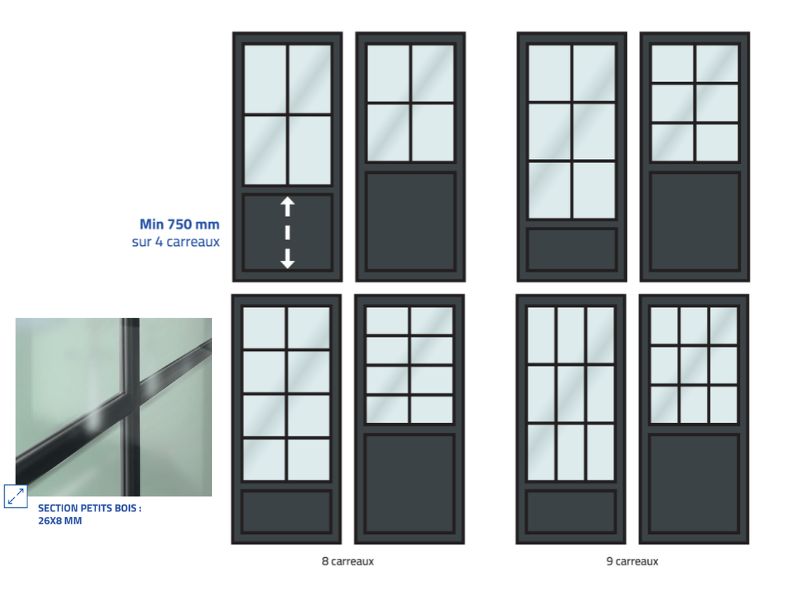 différents modèles de portes d'entrée vitrée sur mesure avec des petits bois décoratifs 