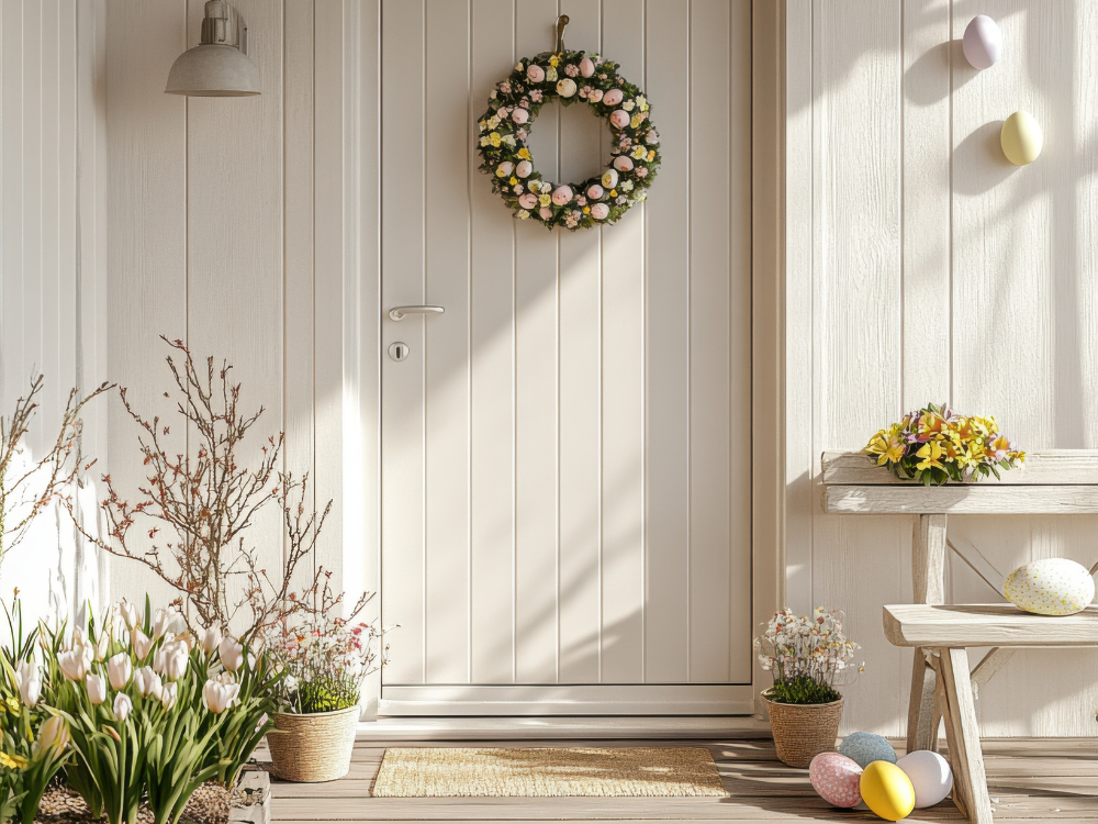 porte d'entrée simple avec une couronne fabriquée avec des oeufs de paques 